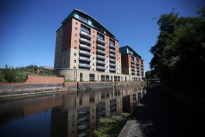 Urban housing development near the river Soar at Leicester city.