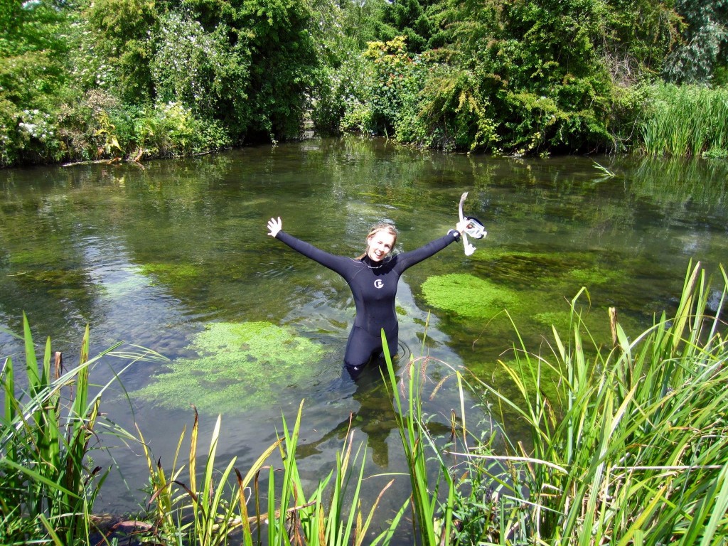 Kathy Hughes snorkeling in the Itchen looking for trout
